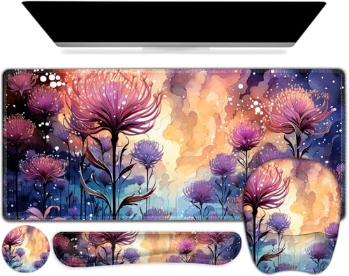 4 in 1 Large Mouse Pad, Keyboard Wrist Rest Set, Ergonomic Mouse Pad with Wrist Support, Desk Mat with Stitched Edges, Extended Desk Pad Waterproof Desk Mat for Home Office I Blossom Purple Flower - color: Blossom Purple Flower