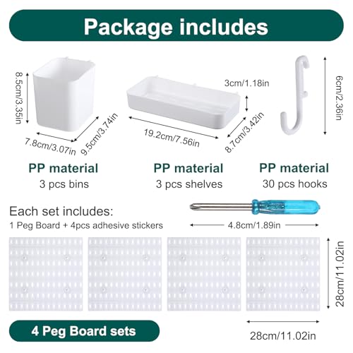 Wall Mount Peg Board Organizer 45pcs Kit, 4 Panels and 41 Accessories Pegboard Wall Organizer with Hooks, Bins, Shelves, DIY Tool Storage Pegboards Kits for Home Office Space Saving (White, 22"×22")