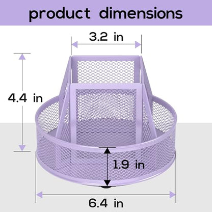 YINGHUA Metal Mesh Desk Organizer with 5 Compartments and Rotating Pencil Holder Pen and Stationery Organizer for Office Home School Anti Slip Base Purple - color: Purple