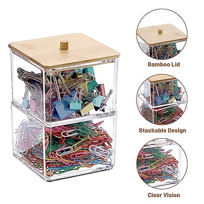 BTSKY Clear Stackable Paper Clip Holder with Bamboo Lid 2-Layer Paperclip Box Thick Acrylic Office Supply Accessory Organizer Square Small Storage Holder Cute Qtip Holder for Office Bathroom Vanity