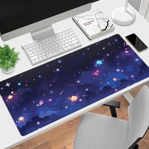 Blue Stars Desk Mat Cute Cloud Desk Pad, Aesthetic Starry Sky Mouse Mat Gaming Mousepad XXL, Extra Large Deskktop Mats for Keyboard and Mouse, Computer Laptop Mat Kawaii Desk Decor 31.5"x15.75" - color: Romantic Starry Sky