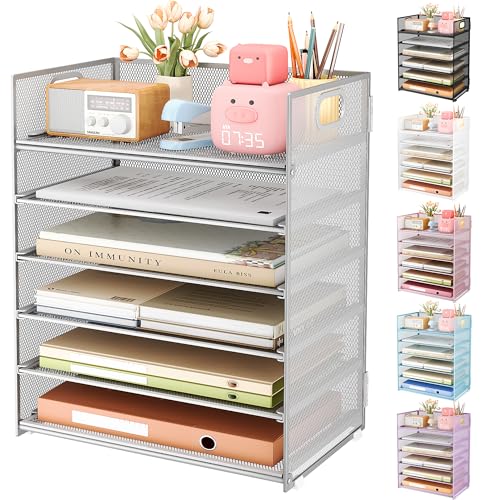 Subekyu 6 Tier Paper Organizer for Desk with Handle, Metal Mesh Desk Office File Folder Paper Letter Tray Accessories Organizer Sorter for Home, School, Office Desktop Document Organization - Silver - color: Silver