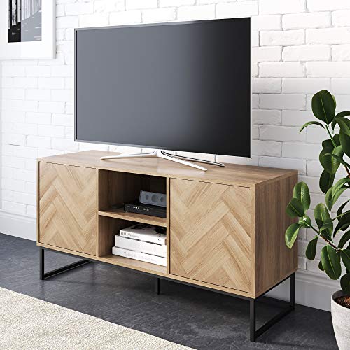 Nathan James Dylan Media Console Cabinet or TV Stand with Doors for Hidden Storage in a Natural Reclaimed Oak Herringbone Wood Pattern and Metal, Oak/Matte Black - color: Oak/Matte Black, style: Bohemian
