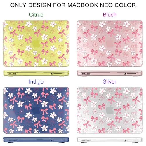 DONGKE Compatible with MacBook Neo 13 Inch Case 2026 A3404 A18 Pro chip & Touch ID, Plastic Hard Shell with Keyboard Cover, Screen Protector & Dust Plugs, Bow & Daisy - color: Bow & Daisy