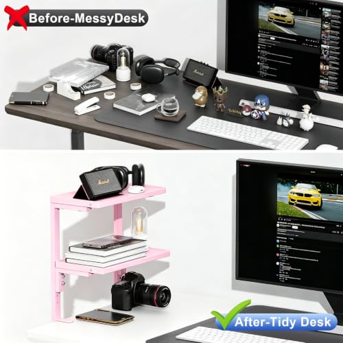 2-Tier Desk Shelf, Expandable Under Desk Storage, Clamp on Desk Shelf, Desktop Accessories for Offices, Study Rooms, and Game Rooms (Pink) - color: Pink