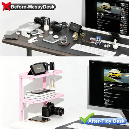 2-Tier Desk Shelf, Expandable Under Desk Storage, Clamp on Desk Shelf, Desktop Accessories for Offices, Study Rooms, and Game Rooms (Pink) - color: Pink