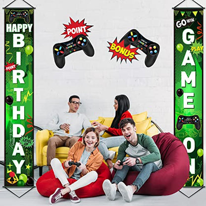 Blulu Game On Birthday Banner - Video Game Party Decorations, Controller Door Sign, Happy Backdrop, Gamer Party Background, Block Night Decoration