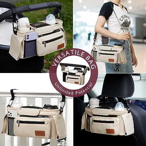 Momcozy Universal Baby Stroller Organizer, 2 Insulated Cup Holder, Detachable Zippered Pocket, Adjustable Shoulder Strap, Large capacity for baby essentials, Compact Design Fits Any Strollers - color: Khaki