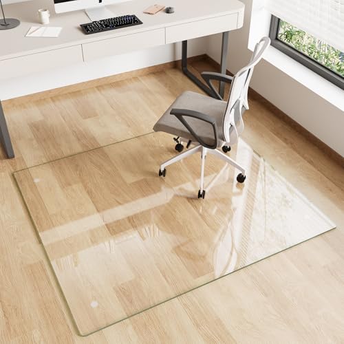 Glass Chair Mat 42" x 48" Heavy Duty Tempered Glass Office Chair Mat, Glass Floor Mat with Polished Edge and Round Corner for Smooth Glide, Office Chair Mat for Carpet, Hardwood Floor - color: Transparent, size: 48" x 42"