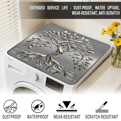 Nuxovilar Metallic Tree of Life with Berries Dryer Cover for the Top, Non-slip Washer & Dryer Protector, 23.62"x19.68" Dust-proof Washing Machine Mat, Diatom Mud Polyester Top Pad for Laundry Room - color: YTT23701