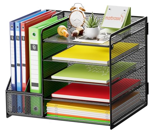 Marbrasse Desk Organizer with File Holder, 5-Tier Paper Letter Tray Organizer, Mesh Desk Organizers and Accessories with Magazine Holder, Desktop Storage for Office Supplies (Black) - color: Desk Organizer with File Holder No Drawer