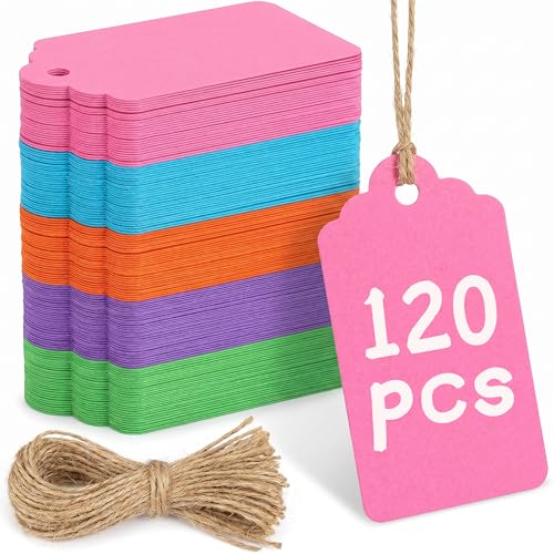 SallyFashion 120PCS Gift Tags with String Attached, 1.6 x 2.8 inch Colored Paper Hang Tags for Clothes DIY Crafts Wedding Holiday - color: Multicolour