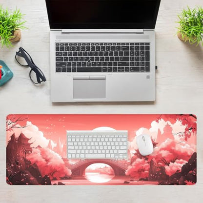 Sunset Gaming Mouse Pad Japanese Pink Red Bridge Red Maple Art Large Desk Mat with Stitched Edges,Non-Slip Waterproof Rubber Base Mouse Mat 31.5 x 11.8 Mouse Pads for Desk Home Office Gaming - color: Sunset, size: 31.5" x 11.8"
