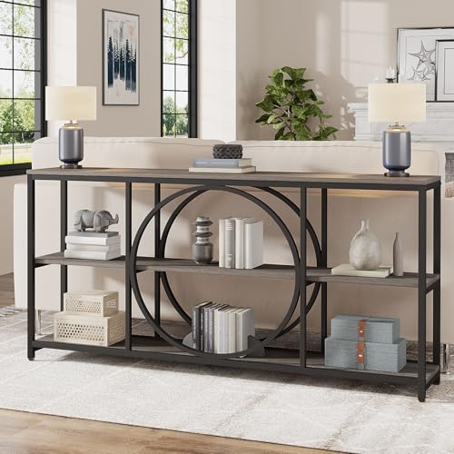 Tribesigns 70.9 inch Sofa Console Table, Extra Long Narrow Entryway Tables with 3 Tier Wood Storage Shelves Metal Frame for Foyer Hallway Living Room Behind Couch, Black Rustic Gray - color: Black Grey