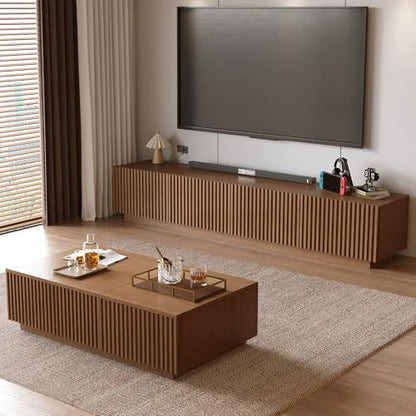 Walnut TV Stand and Lift-Top Coffee Table Set with Fluted Panel | Living Room Furniture Set, Walnut Finish, Adapts to Mid-Century Modern and Contemporary Home Styles
