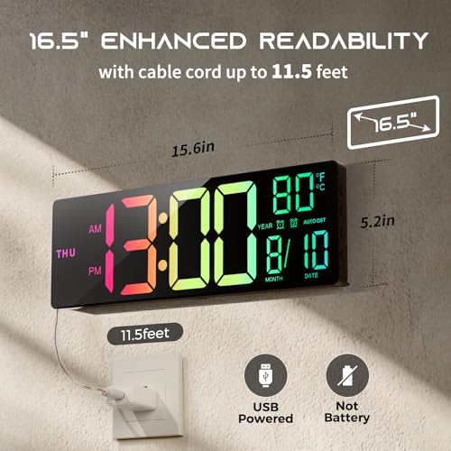 EASYERA 16.5" Large Digital Wall Clock with BT Sync, RGB Lights with 11 Scenes Mode Remote Control, Dual Alarms with Big LED Display, Auto DST, Temperature for Classroom Gaming - color: Black