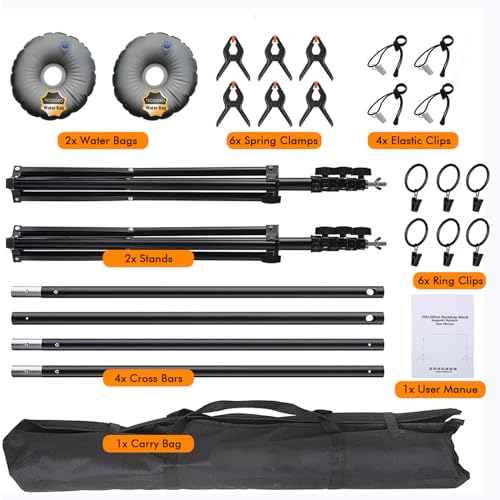 Backdrop Stand, Photo Video Studio 8.5 x10ft Adjustable Support Portable Stand Heavy Duty for Photoshoot, Parties, Projector Screen with 2 Water Bag, 6 Backdrop Clips, 6 Curtain Ring Clip