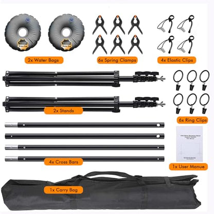 Backdrop Stand, Photo Video Studio 8.5 x10ft Adjustable Support Portable Stand Heavy Duty for Photoshoot, Parties, Projector Screen with 2 Water Bag, 6 Backdrop Clips, 6 Curtain Ring Clip