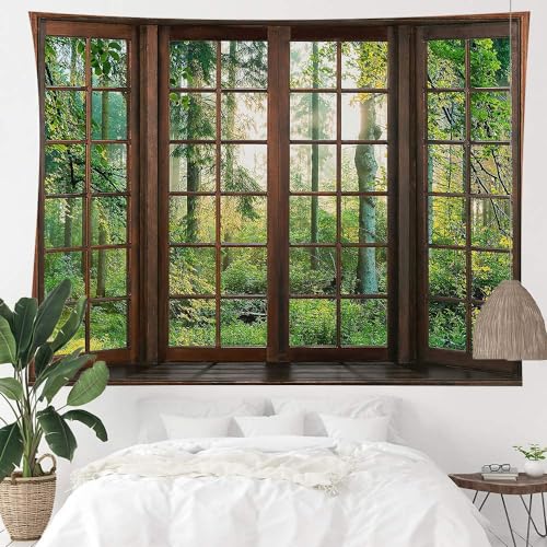 Aidatain Green Forest Natural Tapestry Window Scenery Wall Aesthetic Tapestry for Bedroom Flannel 60" L x 60" W Beach Blanket Living Dinning Room College Dorm Wall Hanging GTDJAT0090 - size: 60"L x 60"W