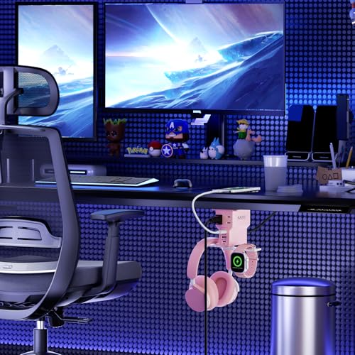 Gaming Headphone Stand with Charging Station - Aluminum Hooks Headphone Holder, Under Desk Headset Stand, 3 USB & AC Outlet, Surge Protector & Cable Organizer, Gift for Girl/Men - color: Pink
