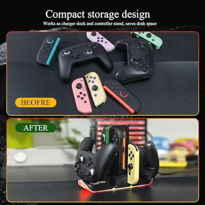Switch 2 Charging Station for 4 Joy-Con & 2 Pro Controllers, 6-in-1 Fast Charging Dock with RGB LED Indicator, Compatible with Nintendo Switch 2/1/OLED