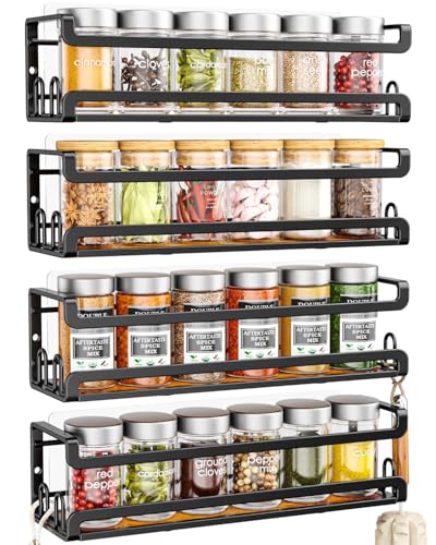 Doakhirmit Wall Mount Spice Rack, Black,4 Pack | 16 Hooks,Screw or Adhesive Installation , Hanging Organizer for Stove Cabinet Pantry Door Kitchen and RV Use - size: 4 Pack