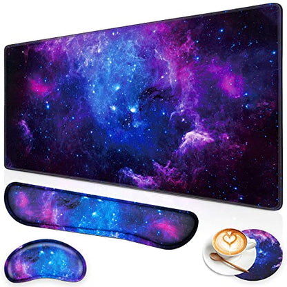 Canjoy Gaming Mouse Pad Set, 4-in-1 XXL Large Mouse Pad + Keyboard Wrist Rest Support+ Coaster, (35.4×15.7 in) Extended Desk Pad Memory Foam Non-Slip Desk Mat for Home Office - color: Blue Galaxy
