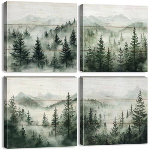 Green Forest Wall Art Nature Foggy Mountains Landscape Pictures for Living Room Misty Forest Bathroom Decor Pine Tree Wall Art Woodland Scenery Canvas Prints Artwork Home Decoration 12x12" 4Pcs - color: Foggy Forest, size: 12 x 12 in