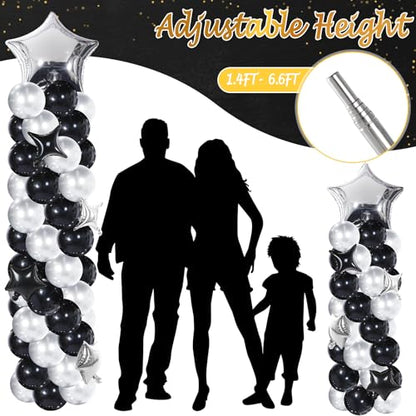 Gejoy 110 Pcs Black Silver Balloons Column Stand Kit Adjustable Tower Stand from 1.4 to 6.6 ft with Bases for Back to School Wedding Birthday Baby Shower Party - color: Black Silver