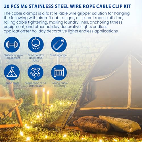 30PCS 1/4 Inches M6 Stainless Steel Wire Rope Cable Clip Clamp & M6 Thimble & M6 Aluminum Crimping Loop Sleeve (3 Styles 10PCS Each), Cable Clamp Fasteners for 1/8"-1/4" Wire Cable for Outdoors - size: 30pcs-M6(4mm-5mm)