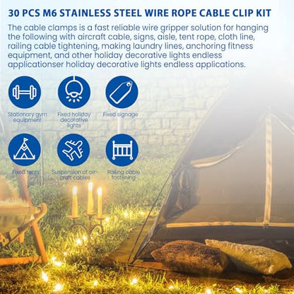 30PCS 1/4 Inches M6 Stainless Steel Wire Rope Cable Clip Clamp & M6 Thimble & M6 Aluminum Crimping Loop Sleeve (3 Styles 10PCS Each), Cable Clamp Fasteners for 1/8"-1/4" Wire Cable for Outdoors - size: 30pcs-M6(4mm-5mm)