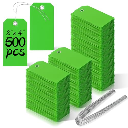 500 Pieces Plastic Shipping Tags with Wire Waterproof Hang Tags Heavy Duty Labeling Tags with String Wires Tags Labels Labeling Tags Stacking Tags for Equipment Car Parts (Green, 2x4) - color: Green, size: 2x4