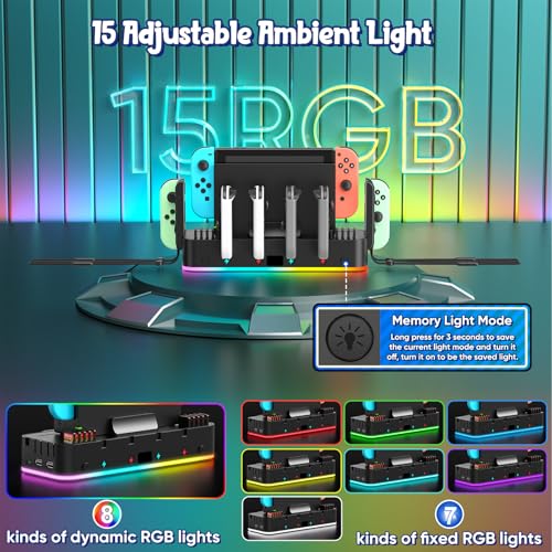 Switch/OLED Wall Mount with RGB,Switch Organizer with Holder,Charging Dock for Joycon with 15 Light Mode,2 USB Ports,4 Controller Charger,10 Card Slots - size: For Switch/OLED