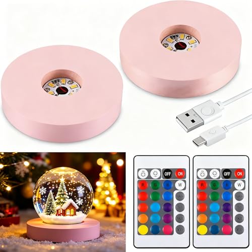 Mudder 2 Pcs Light LED Base Wood LED Display Base for Glass Art Decor Crystal Acrylic Resin, 16 Colored USB Light with Remote Wooden Round Lamp Stand for 3D Crystal Ball Room Home Decor(Pink) - color: Pink