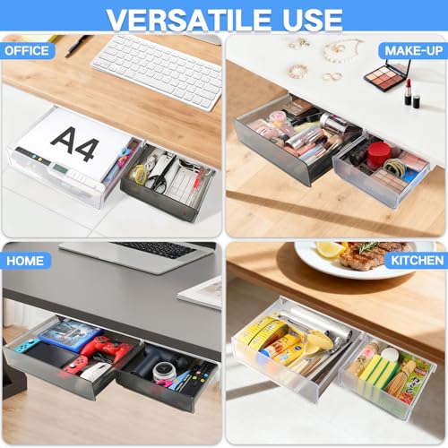 OSPNIEEK Self-adhesive Under Desk Drawer Organizer, 2 Pack Table Hidden Slide Out Large Storage Mounted Desktop Pencil Holder Tray Drawers for Office Home School Stationery Kitchen (XL+L, White) - color: Matte White, size: Extra Large + Large