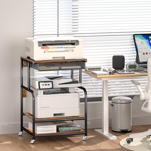 Large Printer Stand with Storage Shelf, Industrial Rolling Printer Cart Holder with Lockable Wheels, 5-Adjustable Heights, 3D Scanner Fax Printer Table for Home Office Use - size: Medium