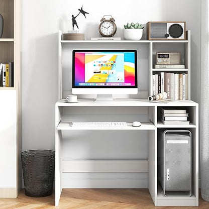 COSTWAY White Modern Large Computer Desk with Storage Shelf, Office Desk with Hutch, CPU Stand & Keyboard Tray, Home PC Desk with Bookshelf, for Bedroom, Study, Living Room