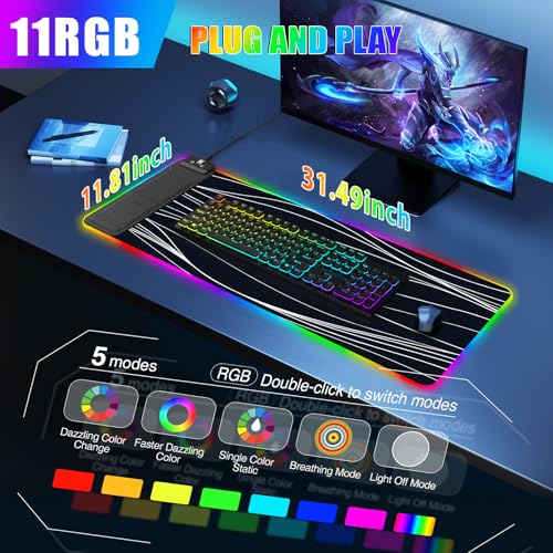 RGB Mouse Pad with Foldable Phone Stand Wireless Charger, 31.5"x11.8" XL Gaming Mousepad Large Desk Mat, Desk Pad with 11 Colors 5 Modes, Waterproof - color: Black Touch Control Stand XL Line