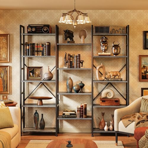 SUPERJARE Triple Bookshelf, Bookcase with 14 Open Display Shelves, Wide Book Shelf Book Case for Home & Office, 5 Tier, Grey - color: Grey, size: 5 Tier