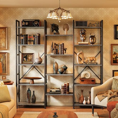 SUPERJARE Triple Bookshelf, Bookcase with 14 Open Display Shelves, Wide Book Shelf Book Case for Home & Office, 5 Tier, Grey - color: Grey, size: 5 Tier