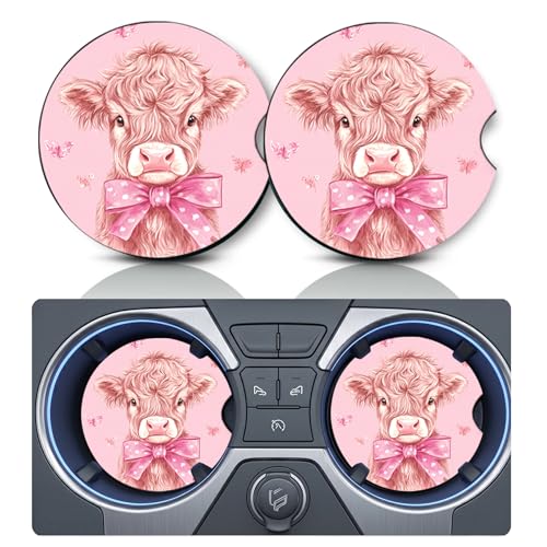 2PCS Pink Bow Highland Cow Car Cup Holder Coasters,Cars Coasters for Cup Holders,2.75" Universal Anti Slip Rubber Mat with Finger Slot,Pink Bow Highland Cows Car Accessories Interior Decor,Cow Gifts - color: Butterfly Bow Highland Cow