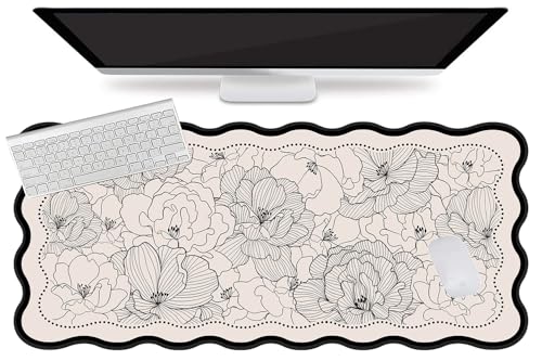 L-SPOUTTO Vintage Floral Mouse Pad,Aesthetic Scalloped Desk Mat XXL Large Gaming Mousepad,35.4x15.7in Non-Slip Keyboard Pad Waterproof Desktop Mat for Laptop Computer Work Game Home Office-Peony Beige - color: Peony Beige