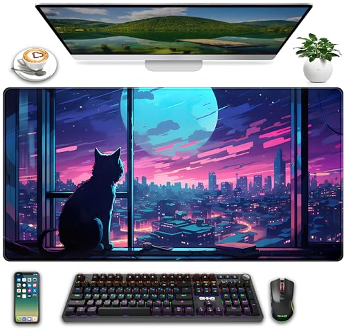 Cool Purple Kawaii Anime Moom Cat Desk Mat XXL Large Gaming Mouse Pad, Cute City Cats Desk Pad for Gamer Girl Women Office Desk Decor Mousepad, Computer Laptop Keyboard and Mouse Mat 31.5x15.75 in - color: Kawaii Moom Cat
