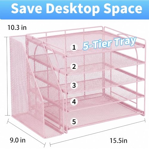 OPNICE Desk Organizer, 5-Tier Paper Organizer Letter Tray with Magazine Holder, Office Desk Accessories & Workspace Organizers, Desktop File Organizer for Office Supplies Storage, Pink - color: Pink, size: 15.5" x 9" x 10.3"