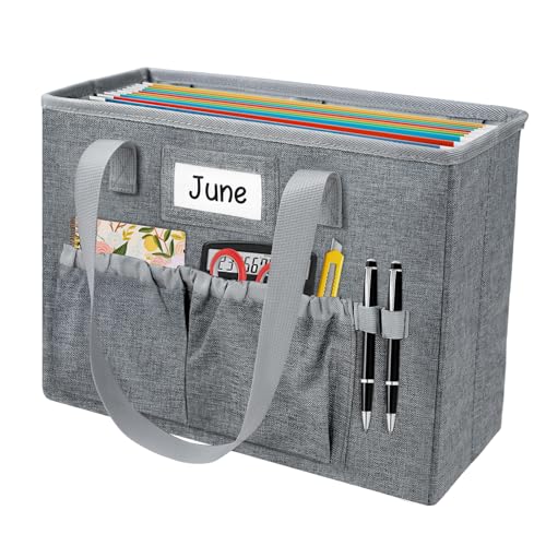 abcxgood Desktop File Organizer Box,Collapsible Hanging Filing Box,Home Office Document Storage Organizer with Front Pocket and Handles, Letter Size Folder. - color: Grey