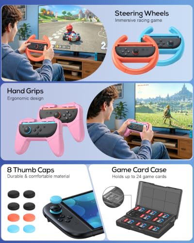Switch 2 Case Pink and Pro Style Controllers Accessories Girly, Bundle for Nintendo Switch 2 Console,FYOUNG 23 IN 1 Kit:Carrying Case,Protective Shell,Grip for Joycon,Steering Wheel - color: Pink (2*controller)