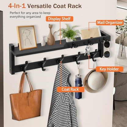 dreampossible 4 in 1 Coat Rack Wall Mount with Shelf, Coat Hooks 25.2" Entryway Coat Hanger with Key Hooks and Mail Holder, Wall Hooks with Shelf, Hat Rack for Wall Key Holder Mail Organizer - color: Black