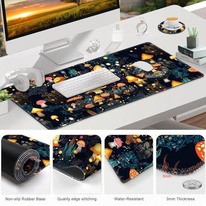 Gaming Mouse Pad, Large Desk Mat, Cute Desk Pad Protector, 4in1 XXL Mousepad + Keyboard Wrist Rest+Mouse Wrist Rest+Coaster Set with Ergonomic Desk Pad for Home Office Table Computer, Lovely Mushroom - color: Lovely Mushroom
