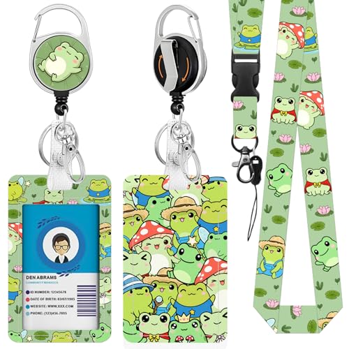 Frog Badge Holder with Lanyard, Cute Frogs ID Badge Holder with Retractable Reel Clip and Keychain for Animal Lover, Vertical Identity Card Cover Case Protector for Women Nurse Teacher - color: Frog-green