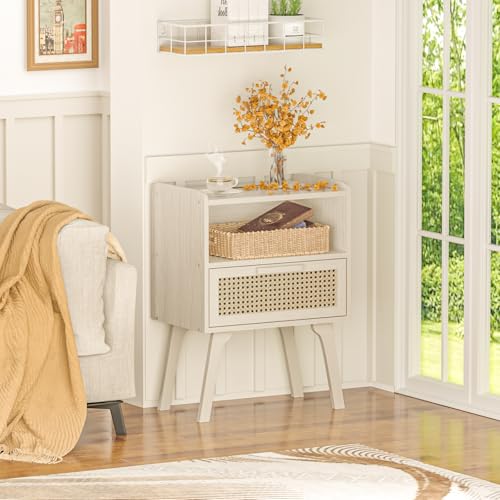 Lerliuo Rattan Nightstand, Side Table with Drawer Open Shelf, Cane Accent Bedside End Table with Solid Wood Legs, Mid Century Modern Night Stand for Bedroom, Dorm and Small Spaces (Grey White) - color: White Oak, size: 1 pack